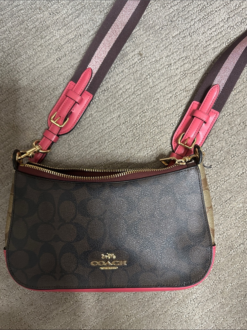 Coach Brown Signature Crossbody with Pink Trim and Strap